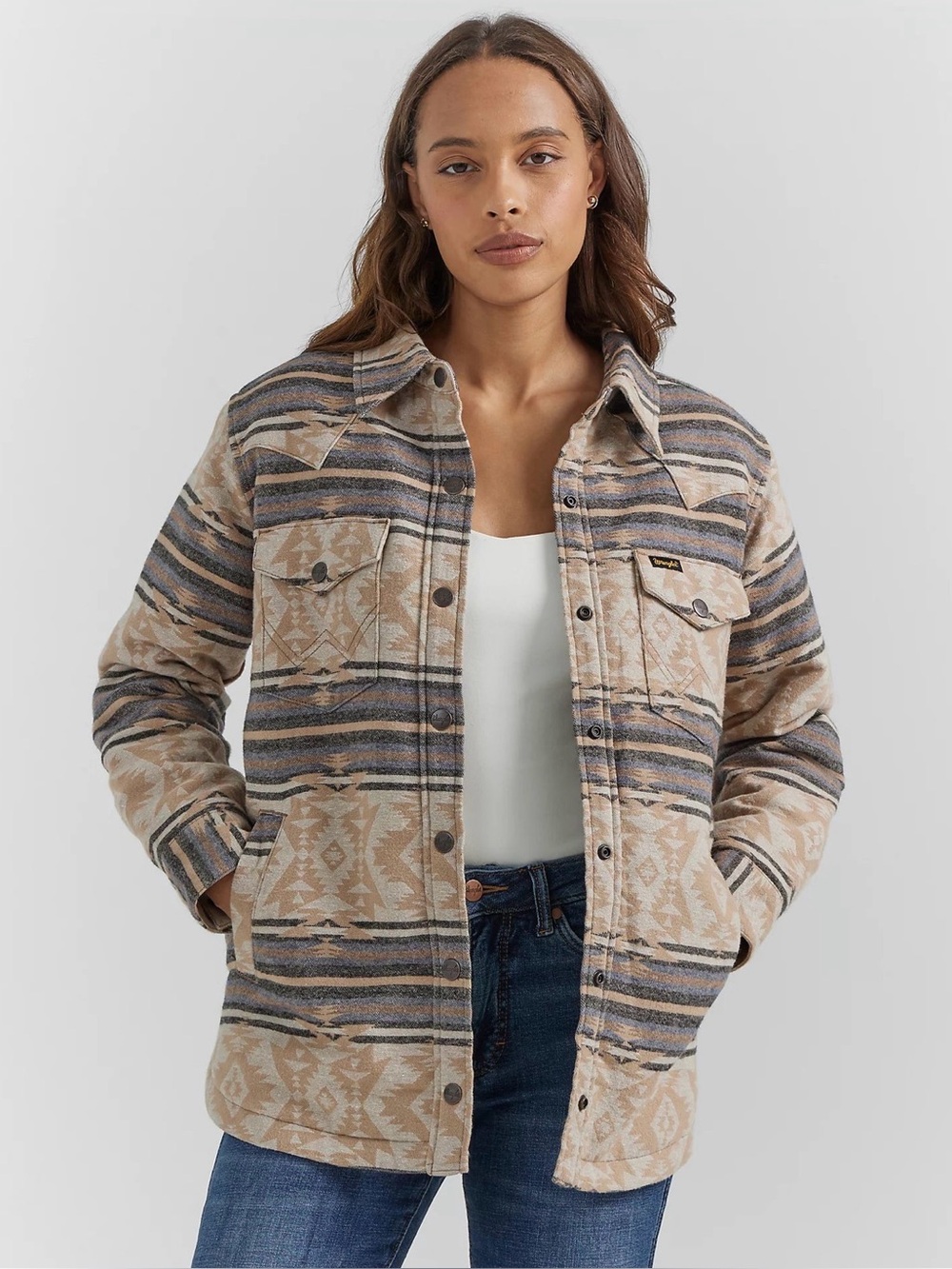 Wrangler Beige and Gray Aztec Button-Down Shirt Jacket